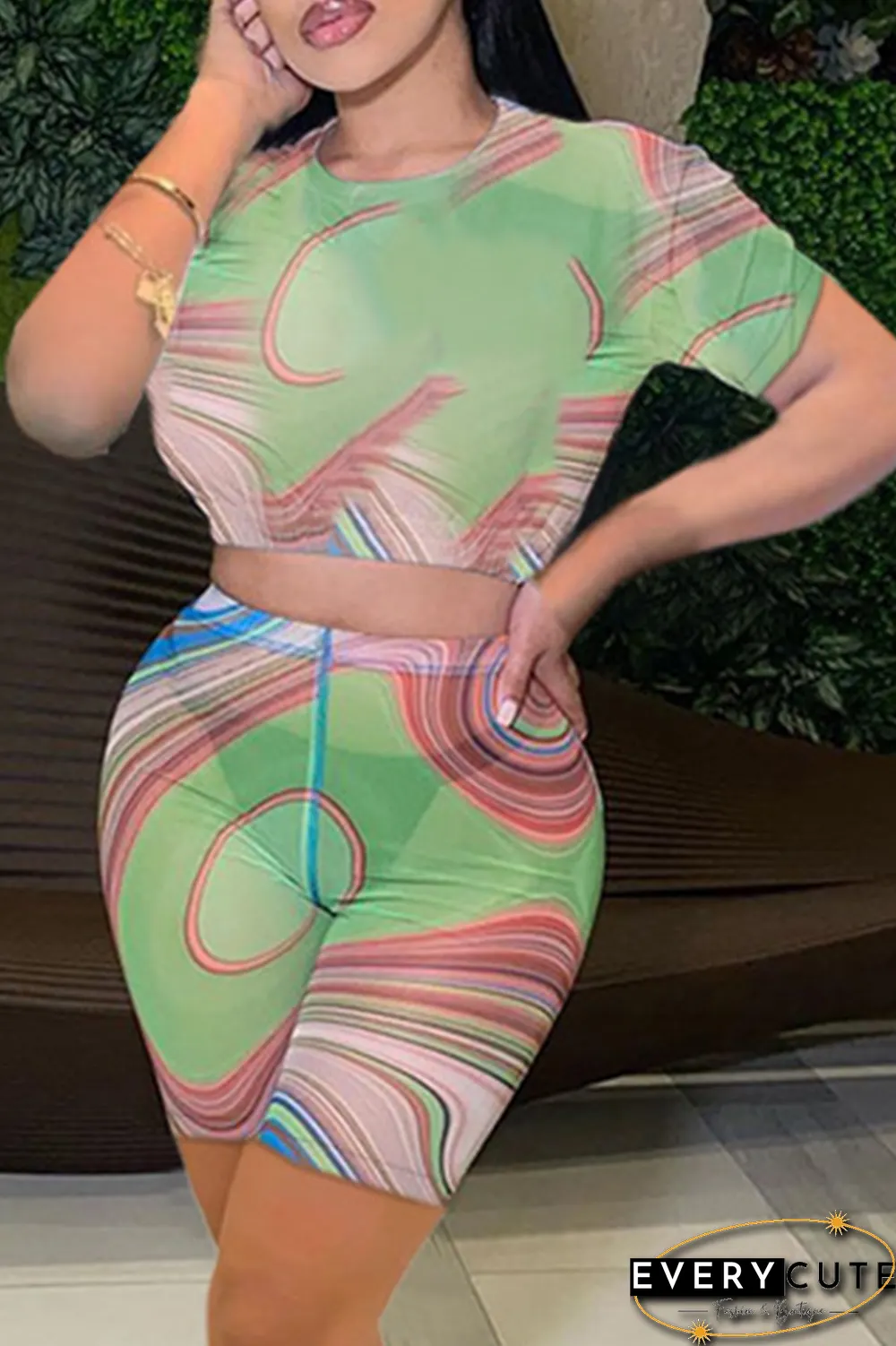 Sexy Print Mesh O Neck Short Sleeve Two Pieces