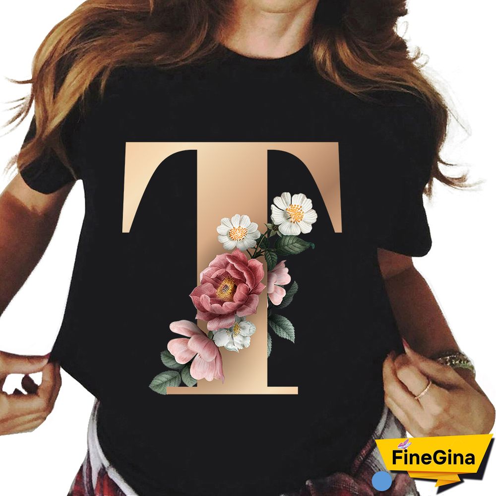 Custom Name Letter Combination T-shirt 26 FloralAlphabetFontClassicTShirt Fashion Harajuku Kawaii TShirt Women Top Tees
