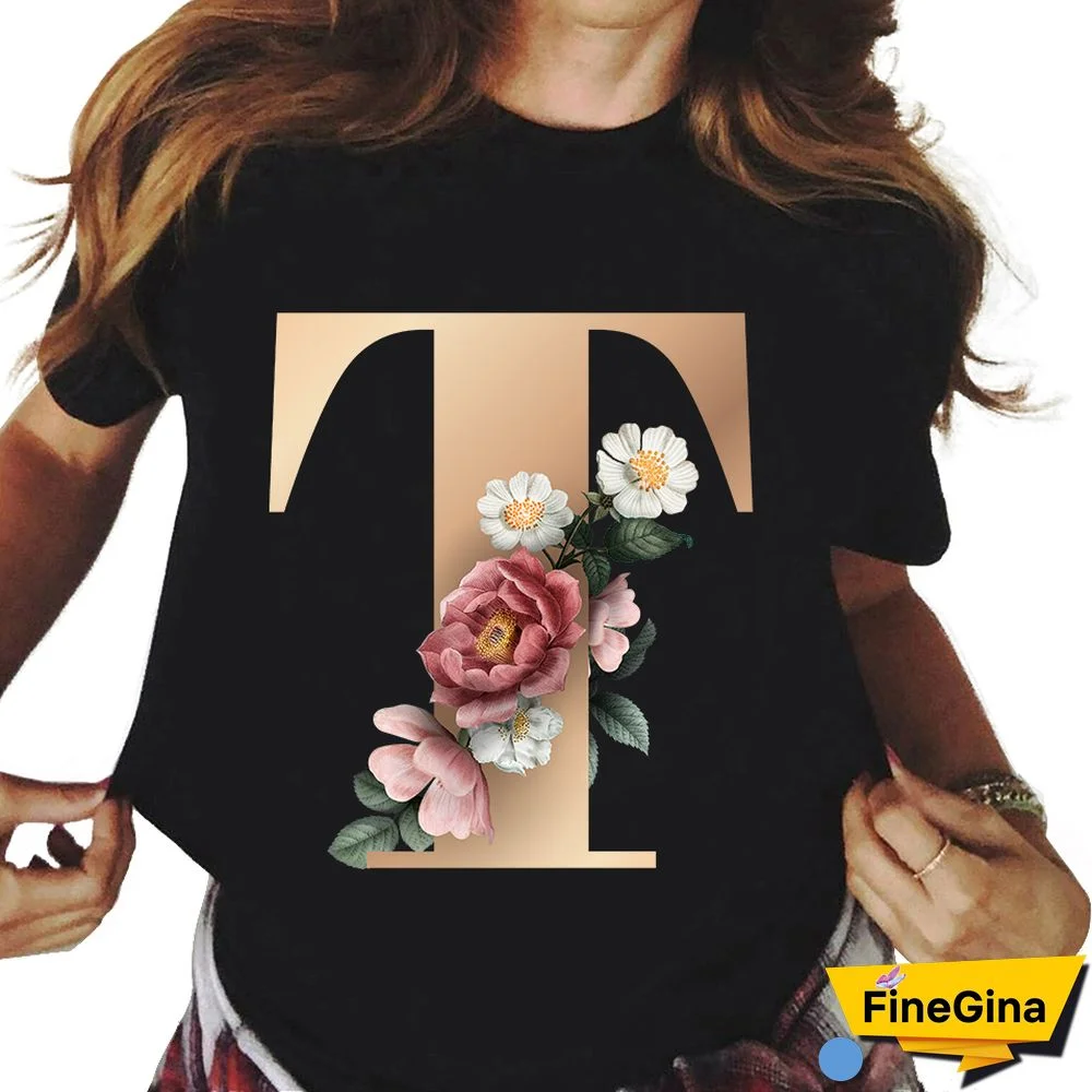 Custom Name Letter Combination T-shirt 26 FloralAlphabetFontClassicTShirt Fashion Harajuku Kawaii TShirt Women Top Tees