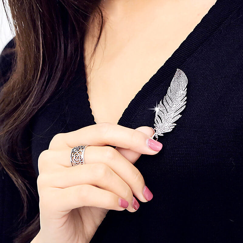 Silver Feather Brooch Pin with Cubic Zirconia for Women