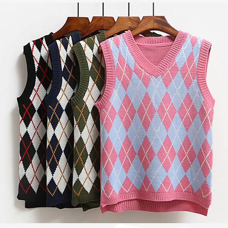 Knitted Vest Vangull Argyle Fashion  Women Casual Korean Pullover Elasticity Sweater Spring Autumn Sleeveless V-Neck Tank Tops