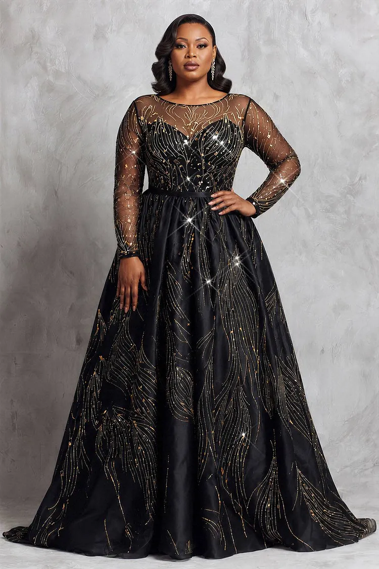 Xpluswear Design Plus Size Formal Tulle Black Round Neck Long Sleeve See Through Pocket Satin Maxi Dresses [Pre-Order] 2024 - Xpluswear