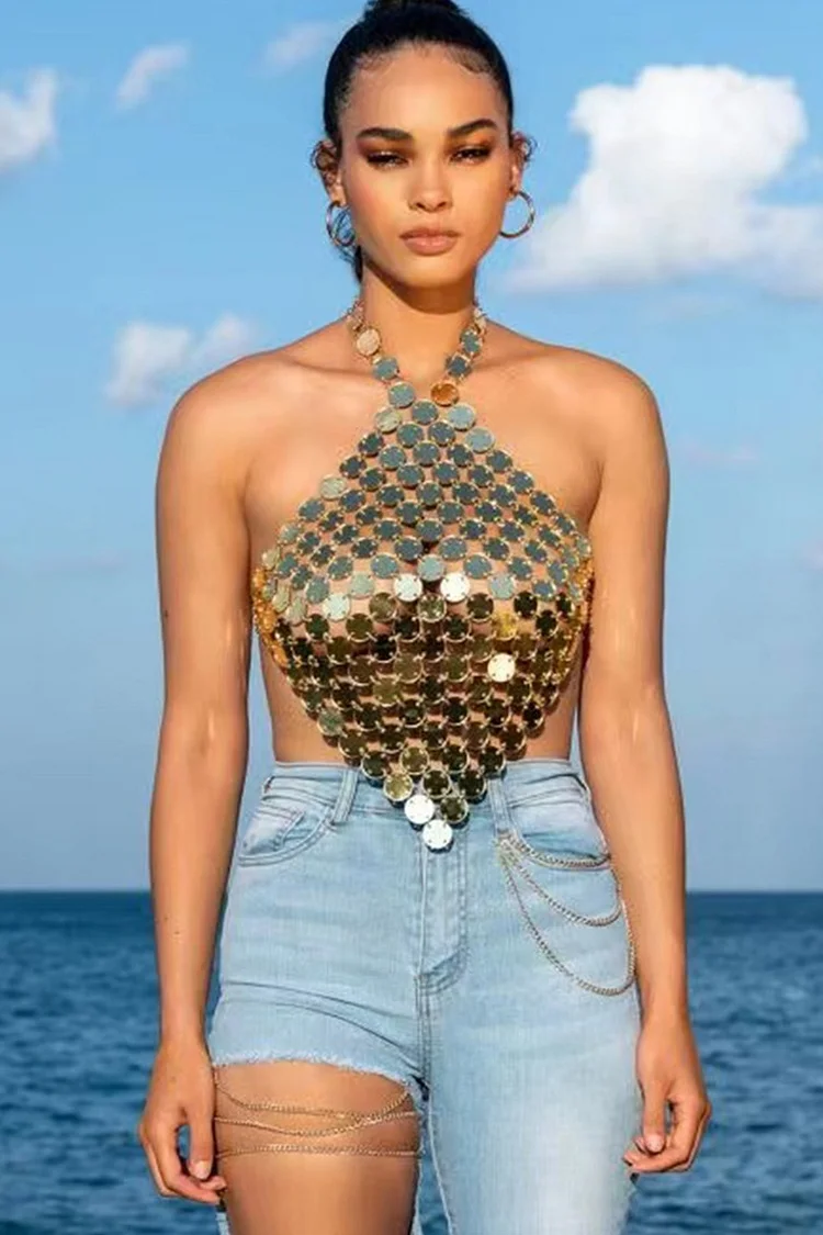 Street Halter See-Through Backless Acrylic Vest - Gold