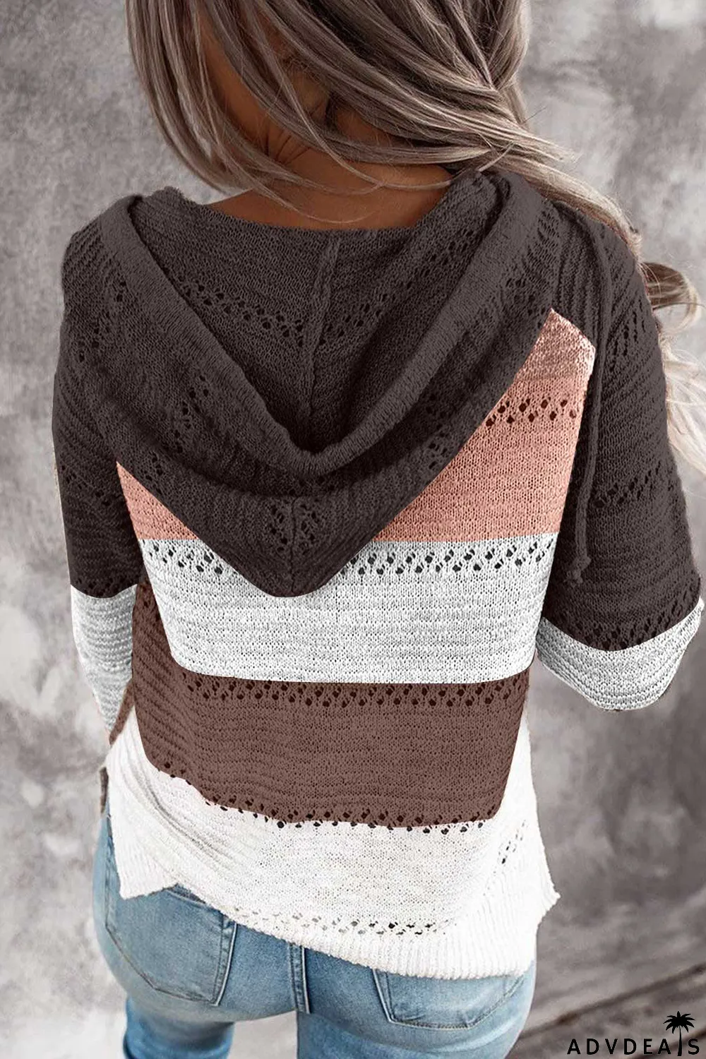 Brown Zipped Front Colorblock Hollow-out Knit Hoodie