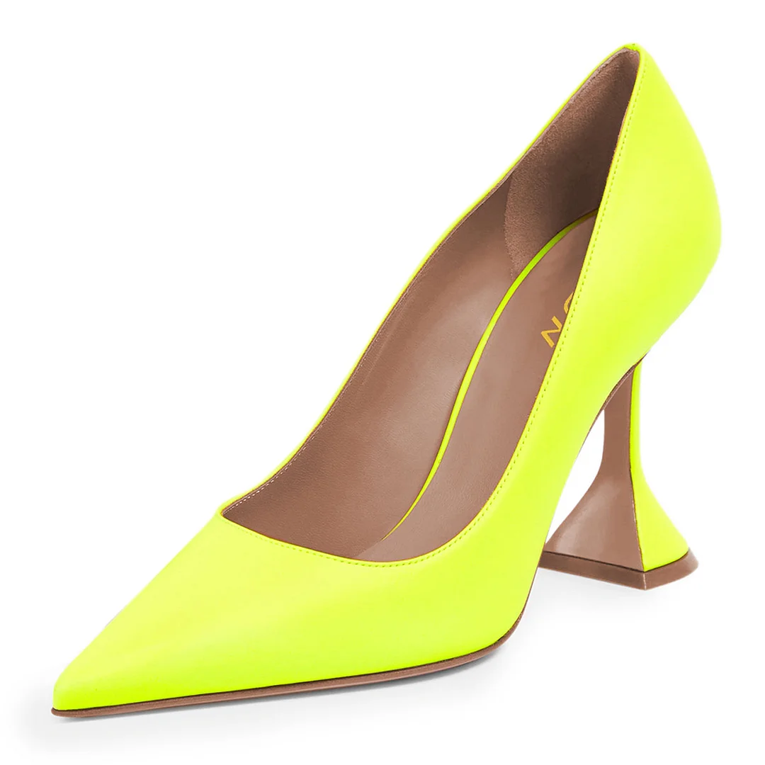 Women's Eye-Catching Yellow Vegan Leather Pointed Toe Pumps Heels