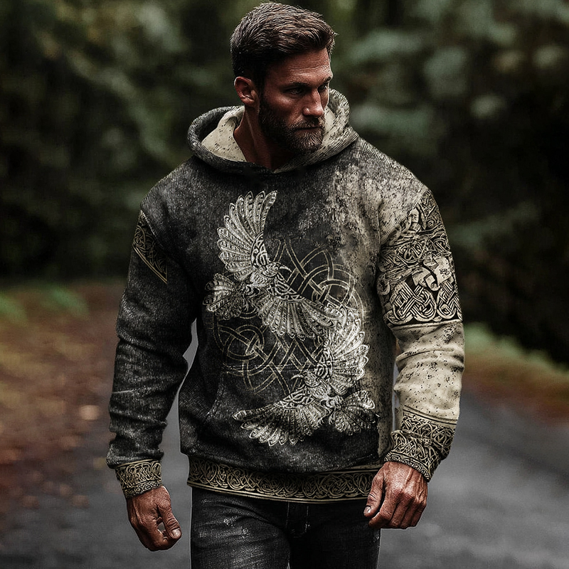 Men's Retro Viking Eagle Art Pattern Casual Hoodie elevenforest