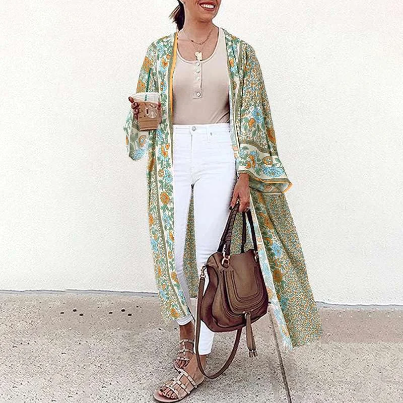 Fitshinling Cotton Print Beach Kimono Cover Up With Sashes Bohemian Slim Summer Long Cardigan Oversized Bikini Outing Holiday