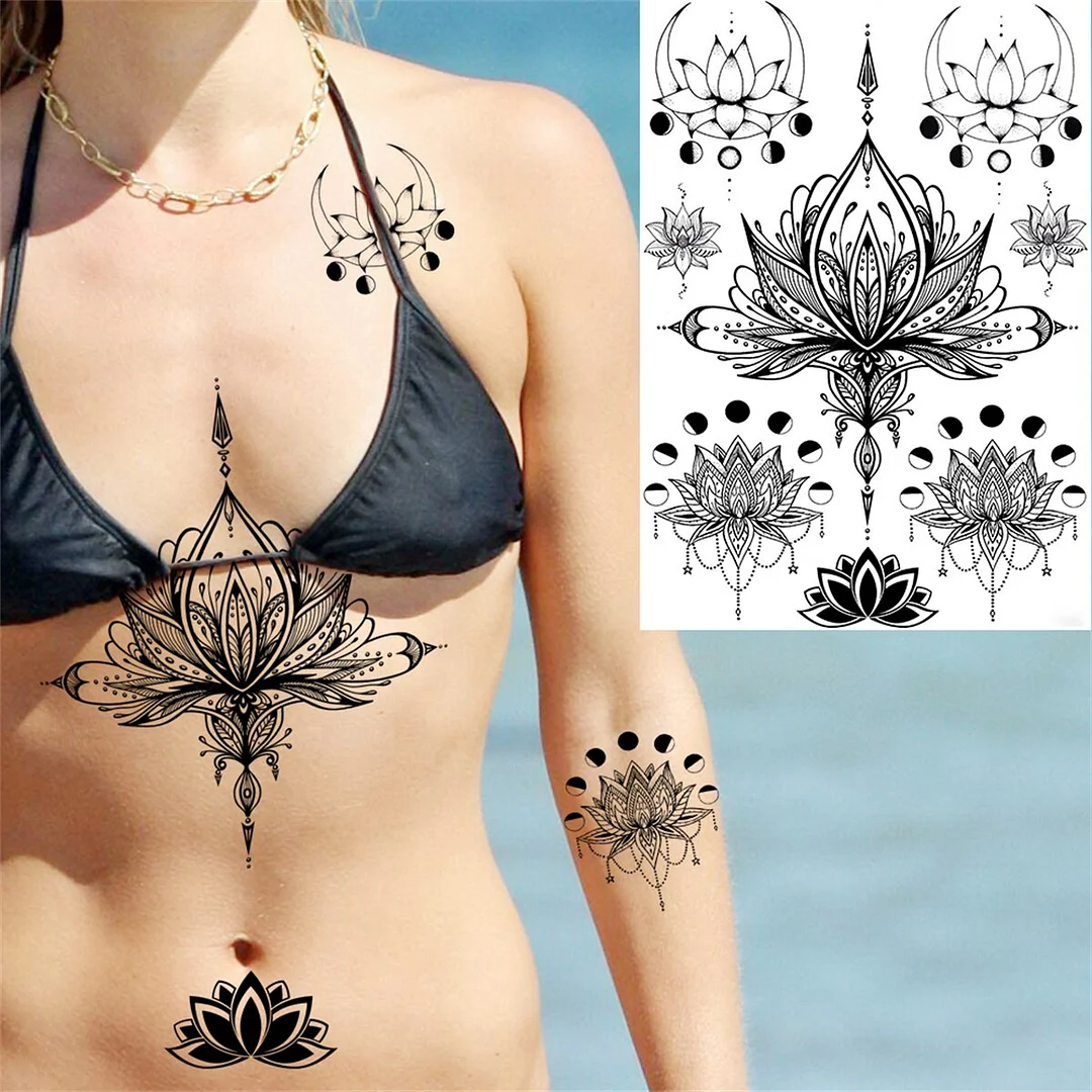 Black Henna Lace Temporary Tattoos For Women Girl Adult Mandala Flower Tattoo Sticker Fake Lotus Butterfly Tatoos Hand Foot Feet