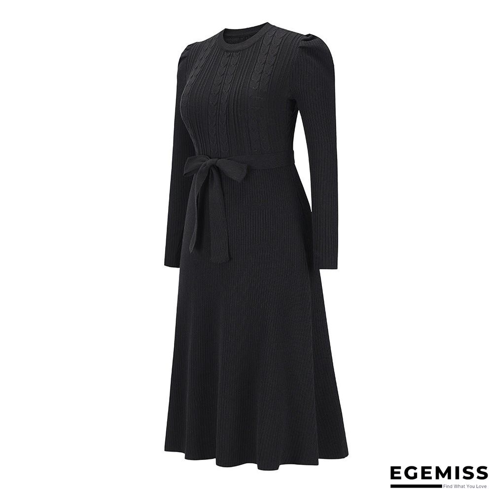 Bubble Long Sleeve Knitted Skirt Medium Long Wool Dress Black Dresses | EGEMISS