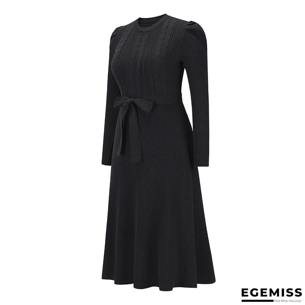 Bubble Long Sleeve Knitted Skirt Medium Long Wool Dress Black Dresses | EGEMISS