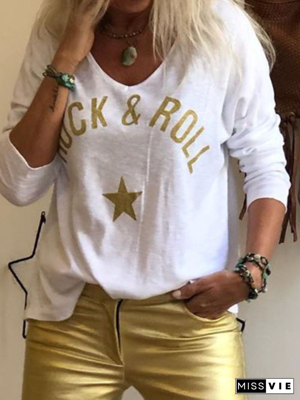 White V Neck Floral-Print Tops