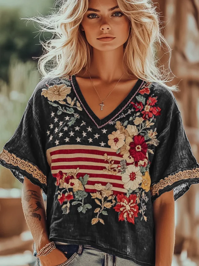 Women's Independence Day Flag Flower Embroidered V-neck Linen Blend T-shirt