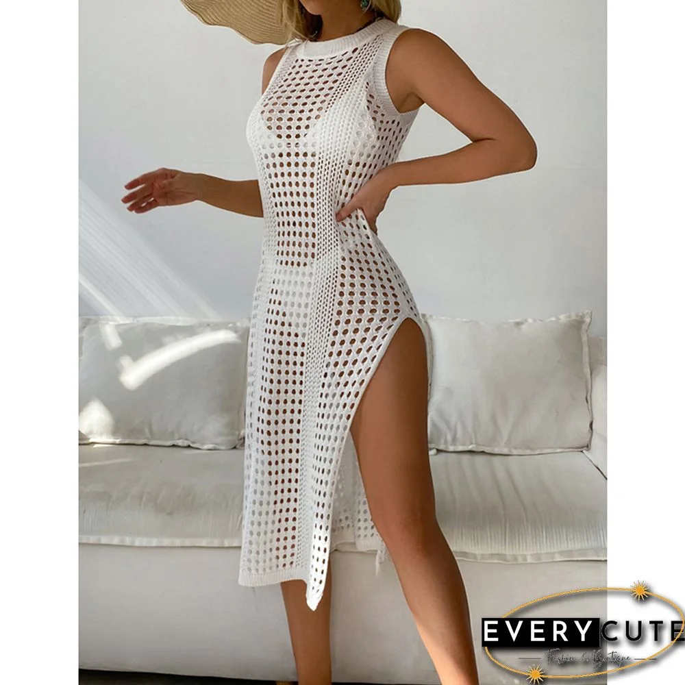 White Hollow-out Crochet Sleeveless High Split Beach Cover