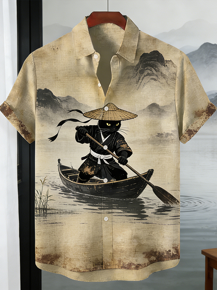 Vintage Rowing Cat Print Short Sleeve Shirt  artssus