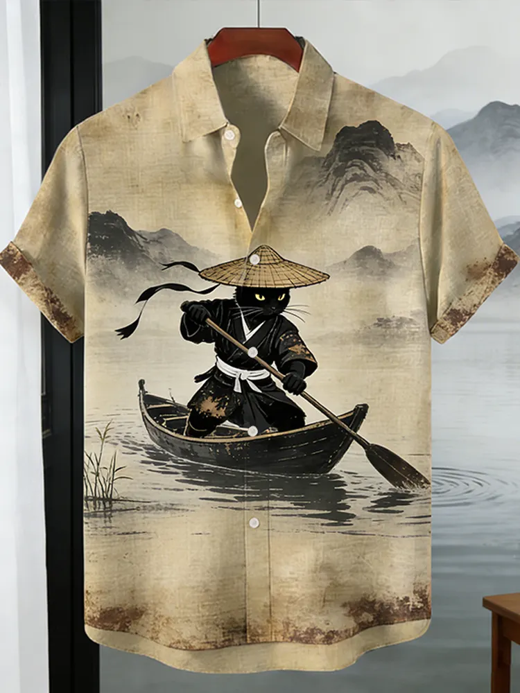 Vintage Rowing Cat Print Short Sleeve Shirt
