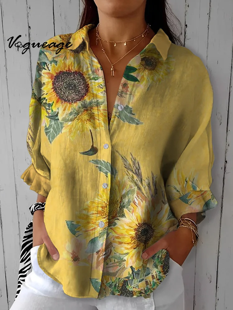 Sunflower Print Lantern Sleeve Women Cotton And Linen Shirt