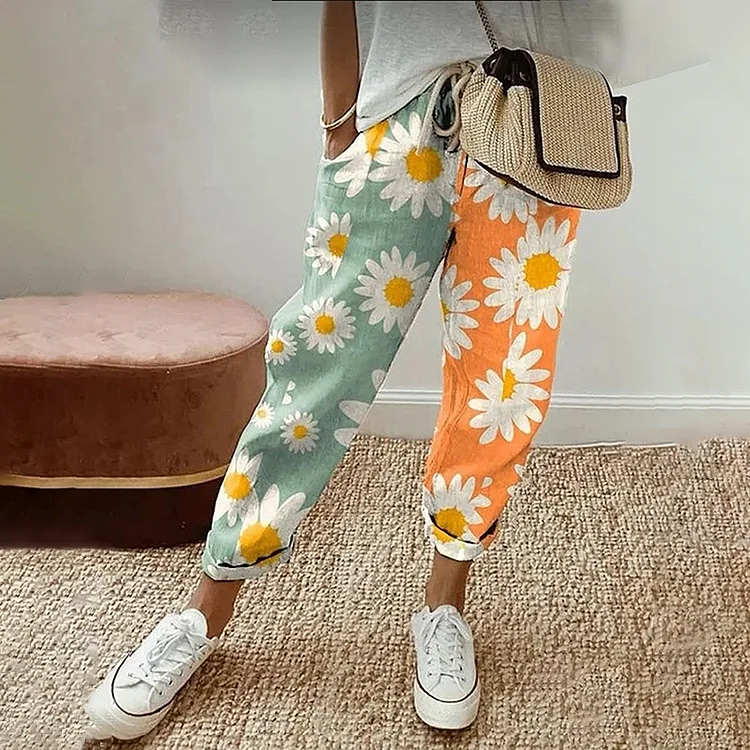 Simpfit Freizeithose aus Nachahmung aus Nachahmung aus Baumwolle und Leinen mit Gänseblümchenmuster und Kontrast