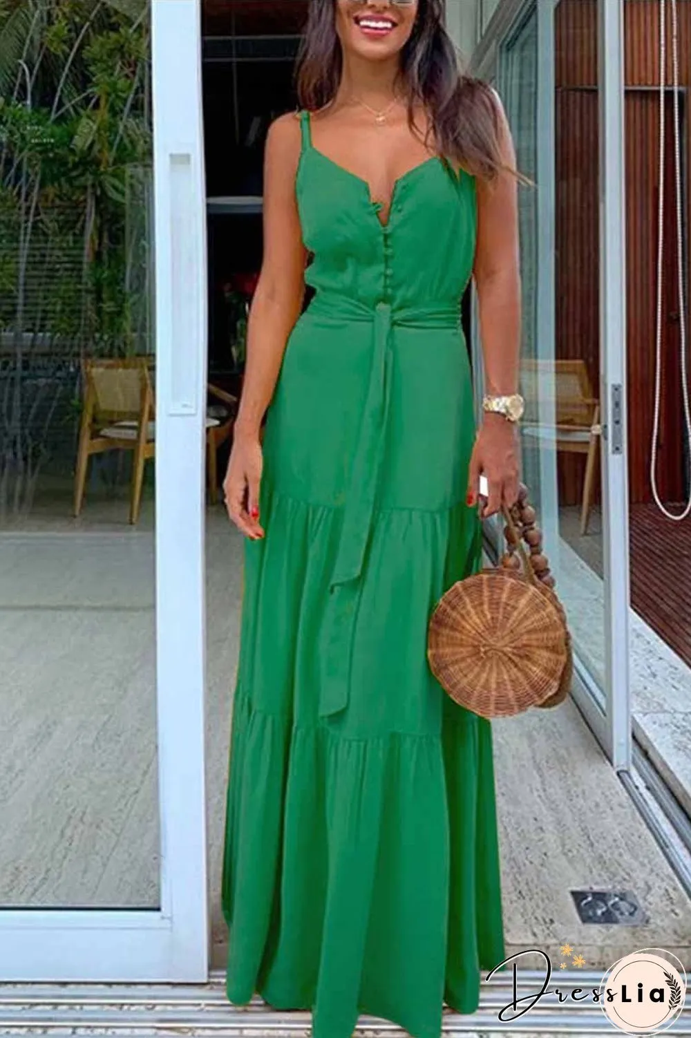 Button V-Neck Maxi Dress With Belt(3 Colors)