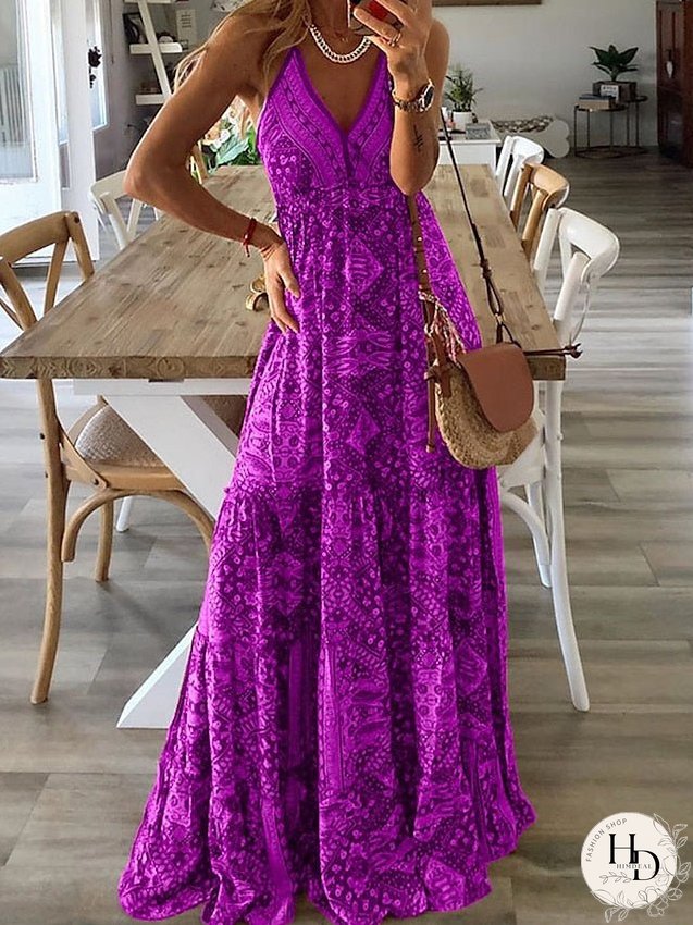 Casual Dress Tank Dress Summer Dress Graphic Pleated Print V Neck Long Dress Maxi Dress Tropical Streetwear Outdoor Holiday Sleeveless Regular Fit Pink Wine Red Summer S M L XL 2XL for Women