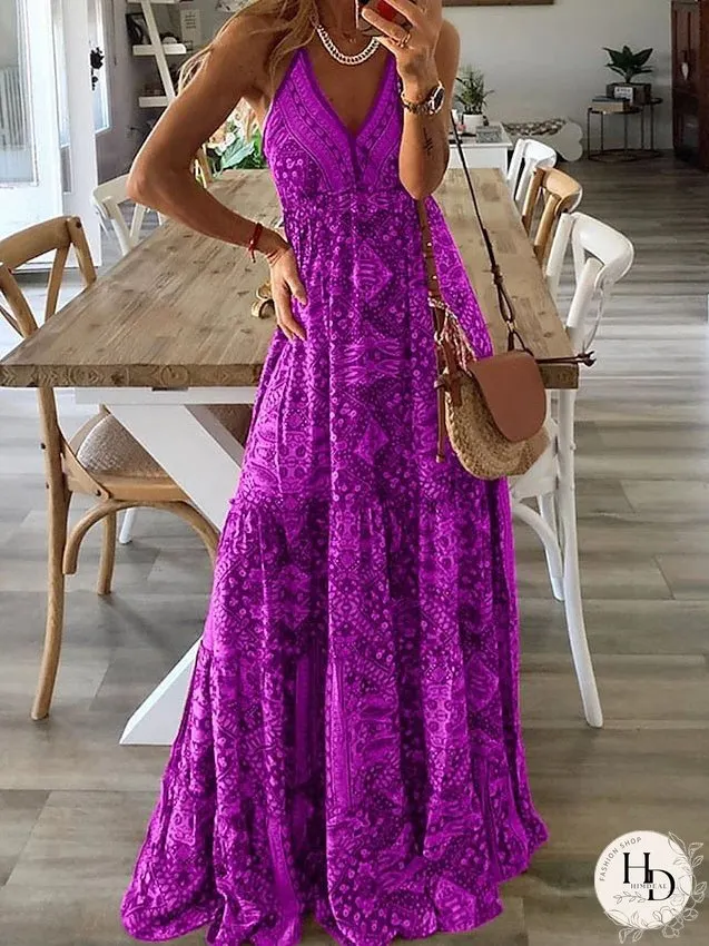 Casual Dress Tank Dress Summer Dress Graphic Pleated Print V Neck Long Dress Maxi Dress Tropical Streetwear Outdoor Holiday Sleeveless Regular Fit Pink Wine Red Summer S M L XL 2XL for Women