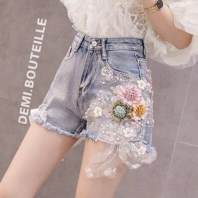 Colourp Styles Embroidery Ripped Denim Shorts 3D Floral High Waist Jeans Short Femme 2020 New Frayed Hole Shorts Women Summer Shorts