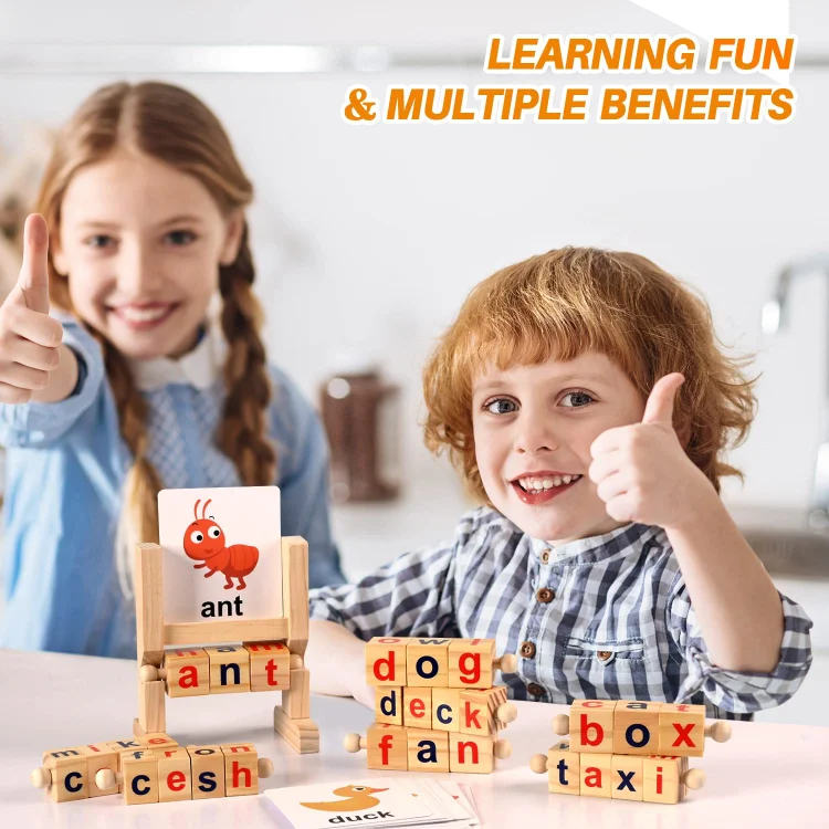 Wooden Reading Blocks Short Vowel Rods Spelling Games, Flash Cards Turning Rotating Letter Puzzle for Kids