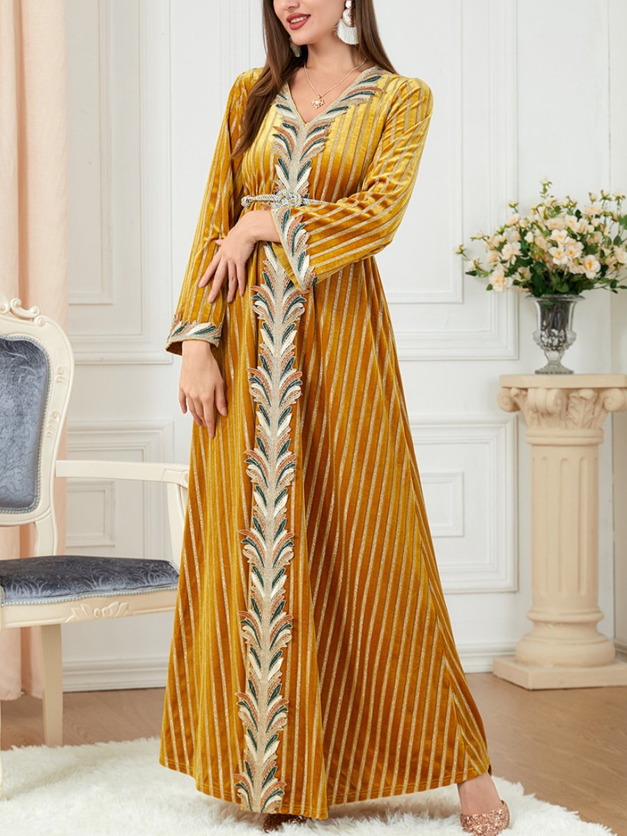 Embroidery Pattern Stripe Design Long Sleeve V Neck Dress | Oxredo Shop Ramadan Sale