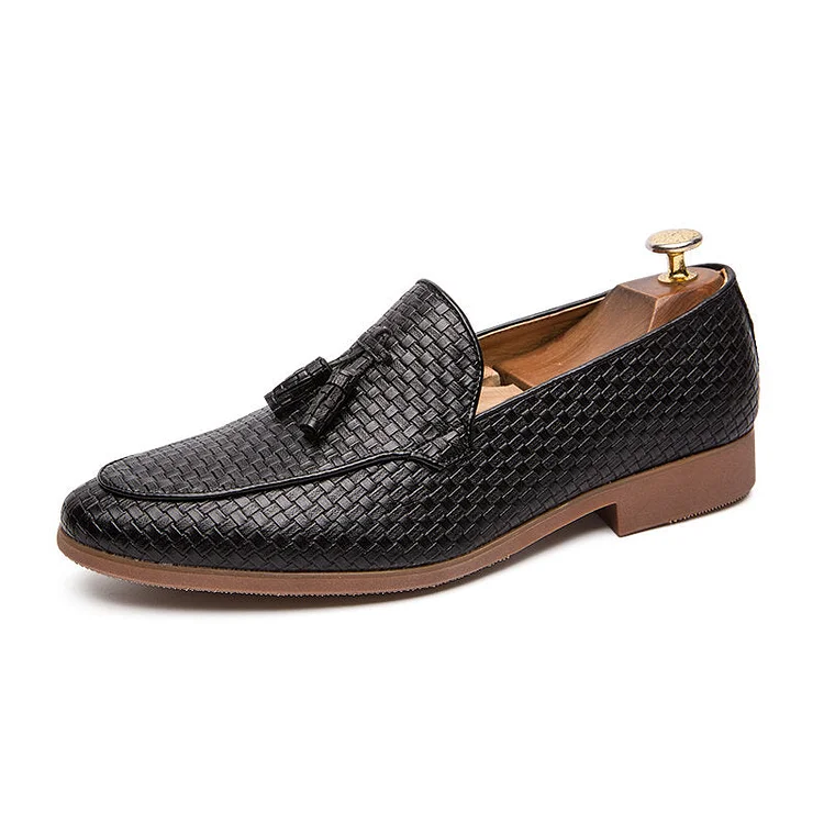Woven Detail Tassel Decor Slip On Business Casual Gentle Men Dress Shoes