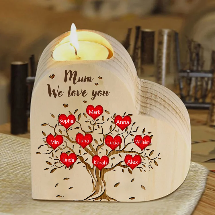 10 Names-Personalized Mum/Nan Family Tree Heart Wooden Candle Holder, Custom Name And Text Family Candlestick for Mother/Grandma