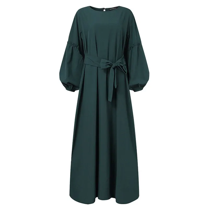ZANZEA Women Muslim Abaya Dubai Dress Solid Long Sleeve Ruffles Maxi Long Sundress Robe Femme Lace Up Hijab Dress Islamic Kaftan