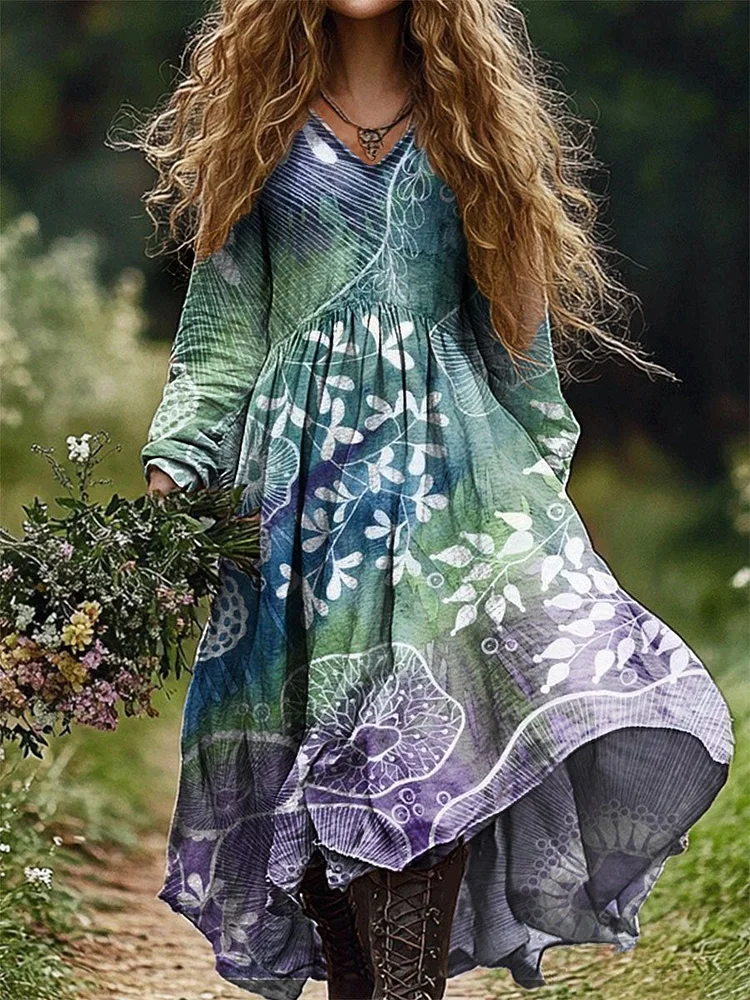 Women's Gradient Tie-Dye Irregular Pattern Art Print Pocket Cotton Dress
