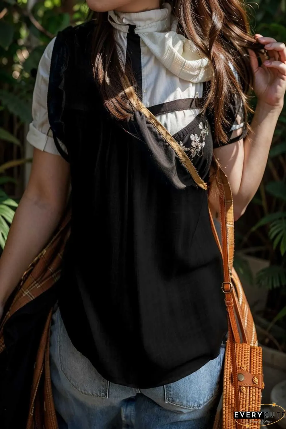 chic black ruffle trim v neck tank top