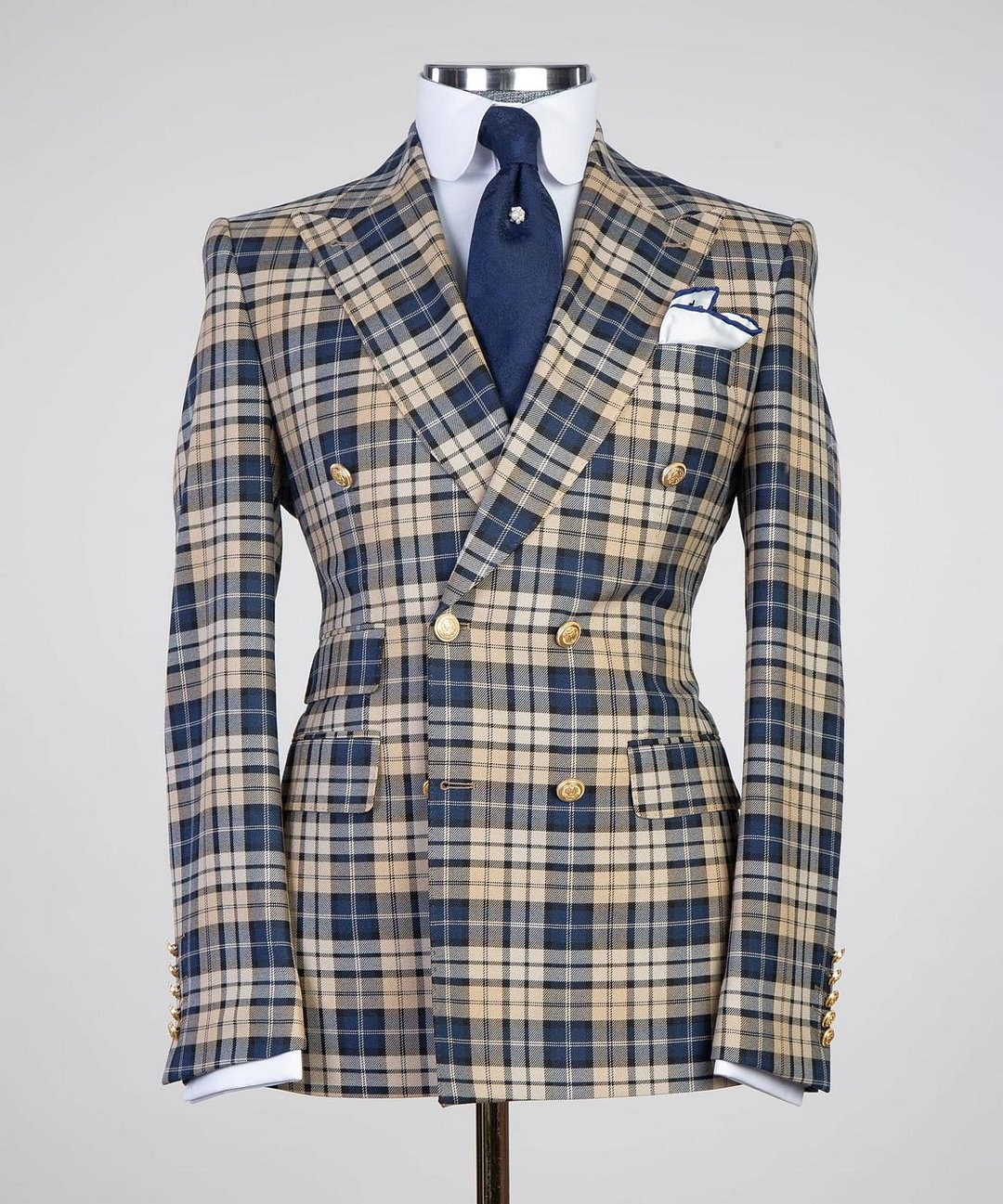 Men's navy blue and brown plaid 2pcs double breasted suit.