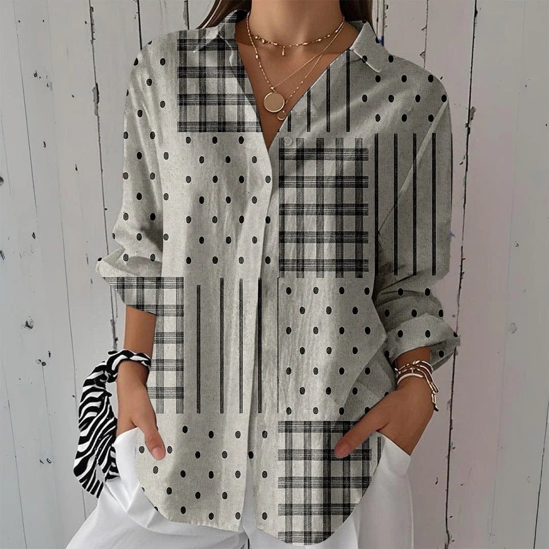 Style & Comfort for Mature Women Women Striped,Polka-Dot,Black DZCL0312 3/4 Sleeve Shirt Collar Printed Button Tops