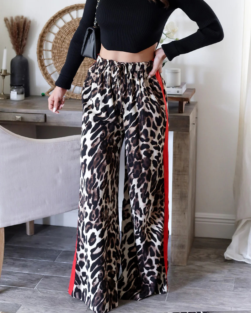Ins Internet Celebrity Same Style Leopard Print Splicing Temperament Wide-Leg Trousers