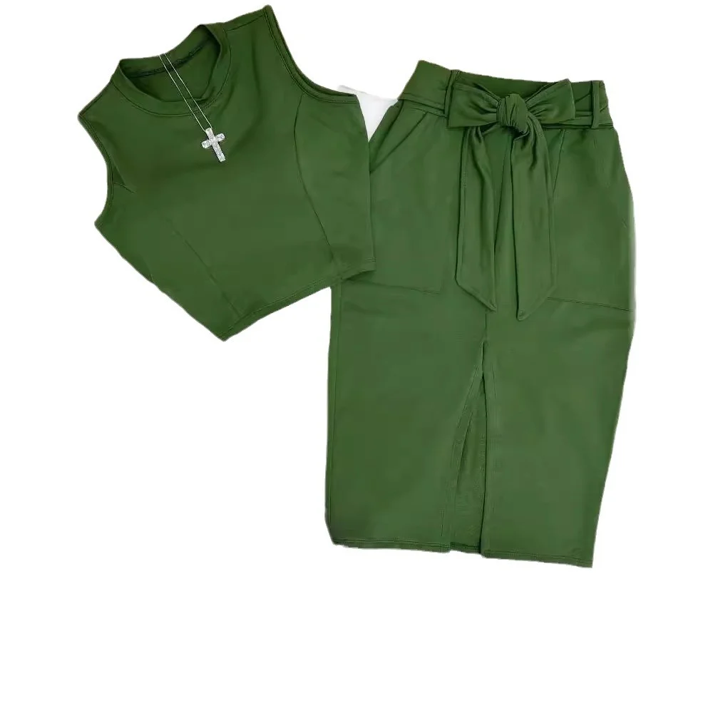 Uveng Uveng New Women's Wear Sleeveless Round Collar Splicing Belt Pocket Slit Short Skirt Two-Piece Set