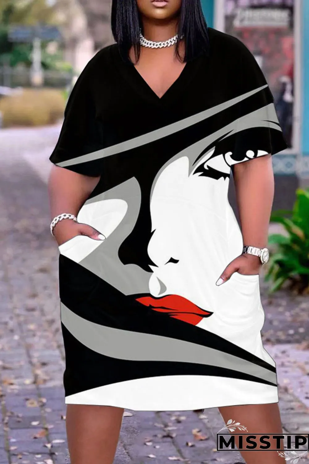 Yellow Brown Casual Street Print Patchwork V Neck Straight Dresses