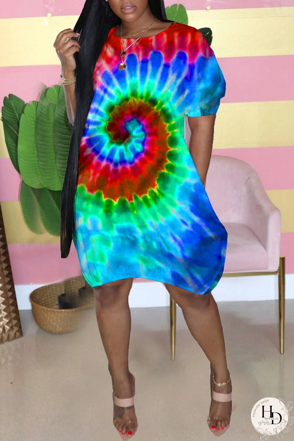 Sky Blue Street Short Sleeves O neck Lantern skirt Knee-Length Print Tie and dye Dresses