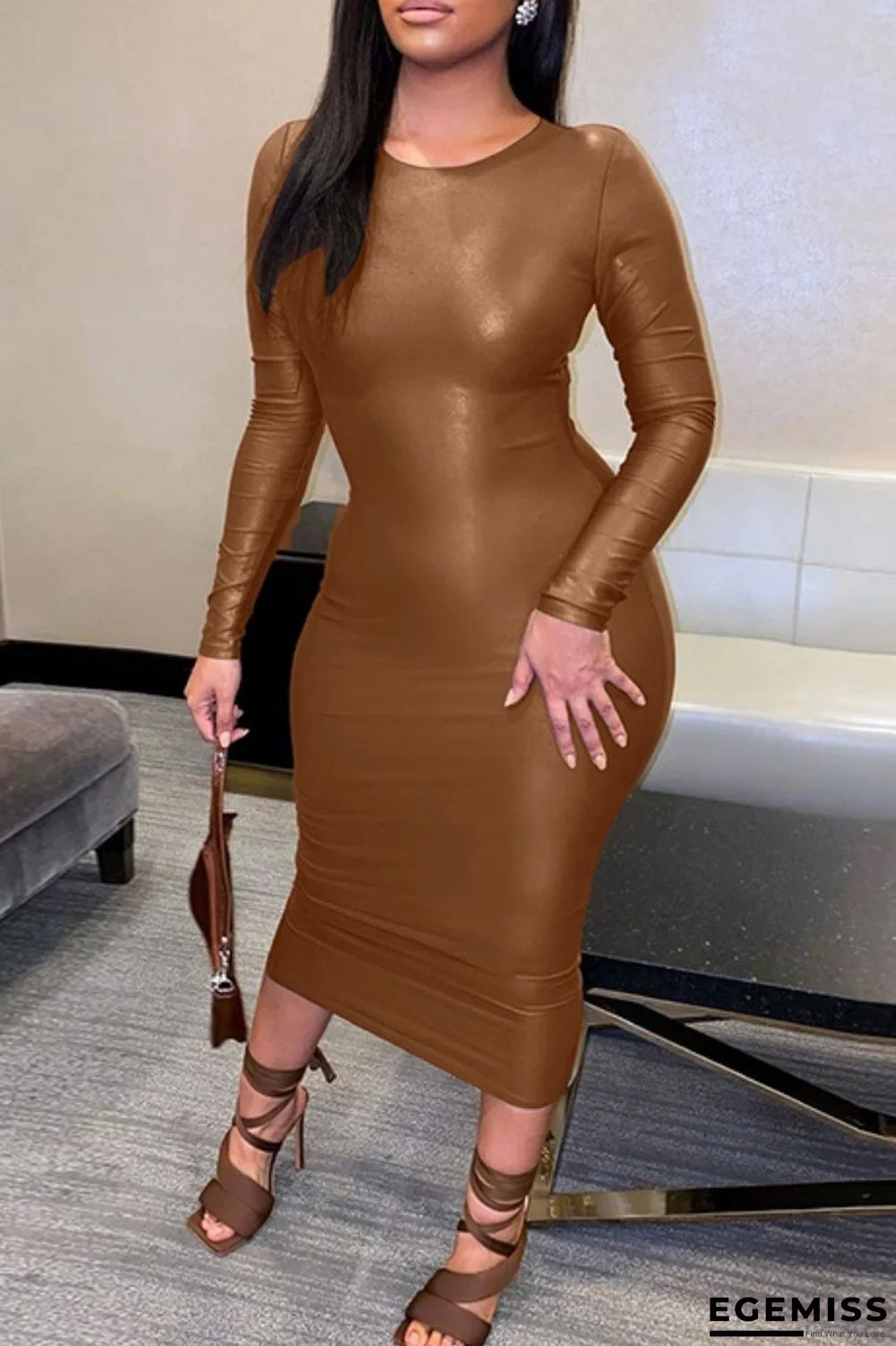 Brownness Casual Solid Basic O Neck Long Sleeve Dresses | EGEMISS
