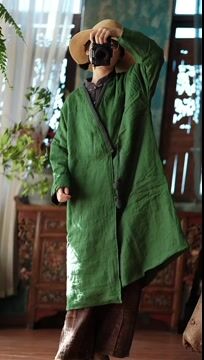 Women Green V Neck Button Cotton Filled Parka Long Coats Winter