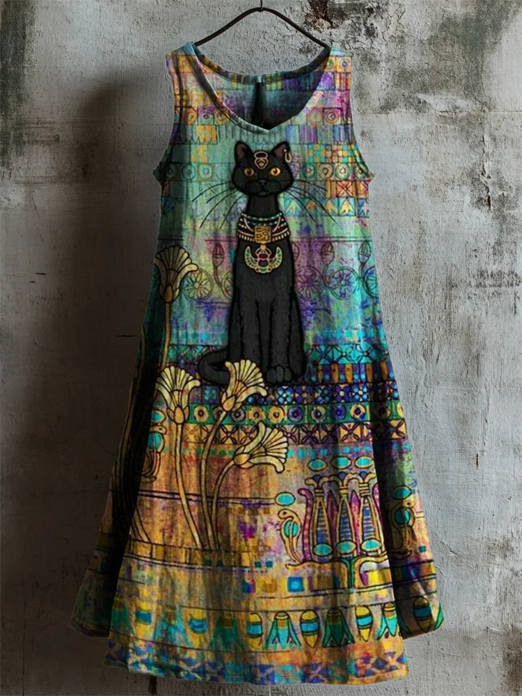 Ancient Egyptian Black Cat Art Linen Tank Dress