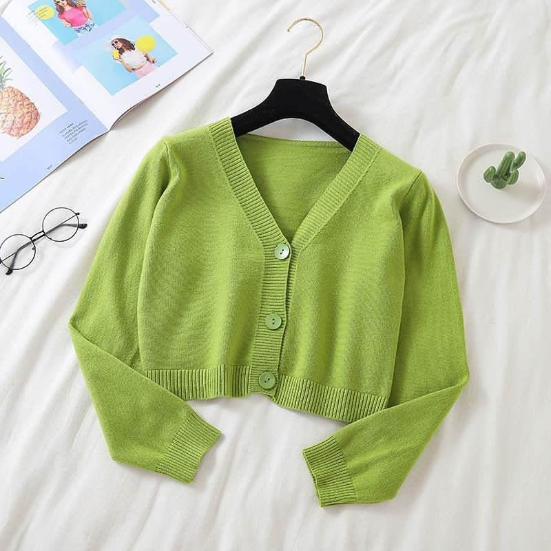 Spring Newly Green Cropped Cardigans Women 2021 Loose Ladies Short Knitted Sweaters Long Sleeve V neck Solid Chic Streetwear