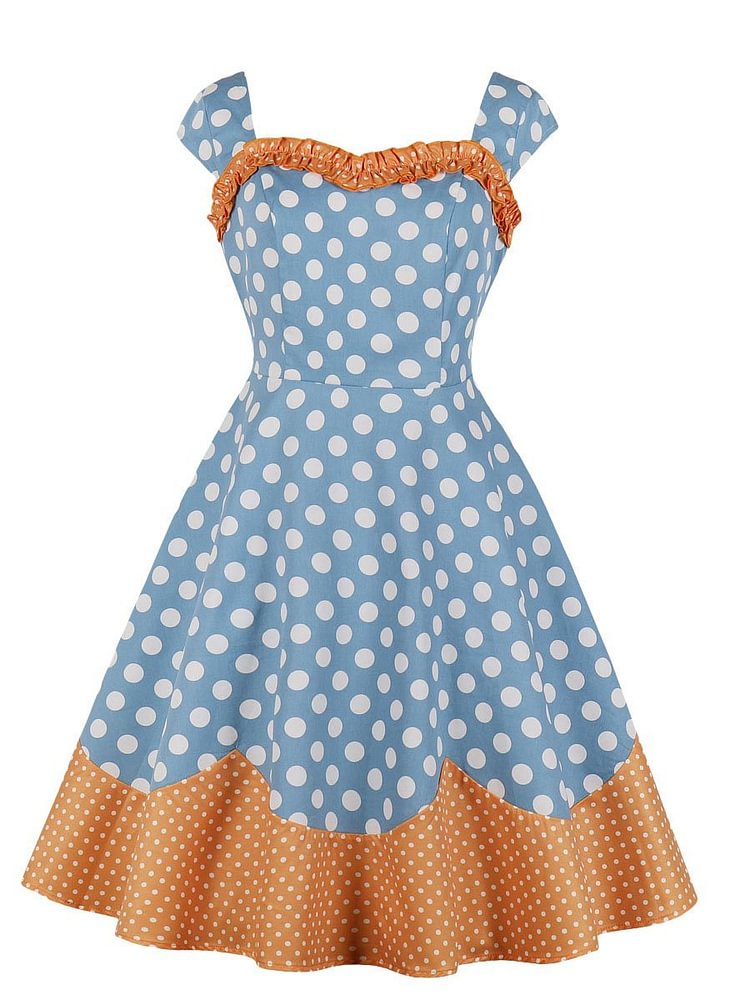 Mayoulove Vintage Dress Polka Dot Sleeveless Patchwork Midi Dress for Women-Mayoulove