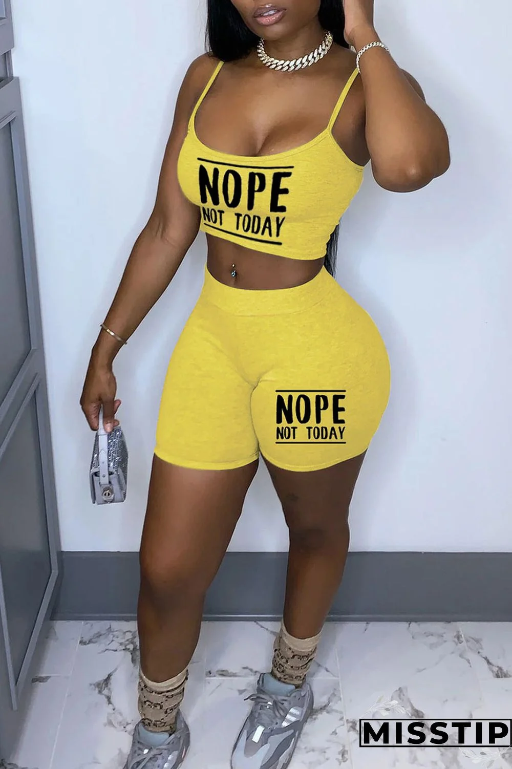 Khaki Sexy Print Patchwork Spaghetti Strap Sleeveless Two Pieces