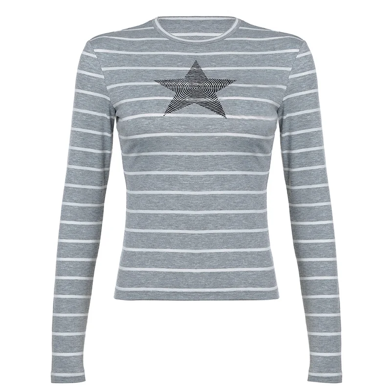 Wongn Striped Five-Pointed Star Leisure T-Shirt Women's Autumn Daily Simple Commuter Star Hit Color Long-Sleeved Blouse