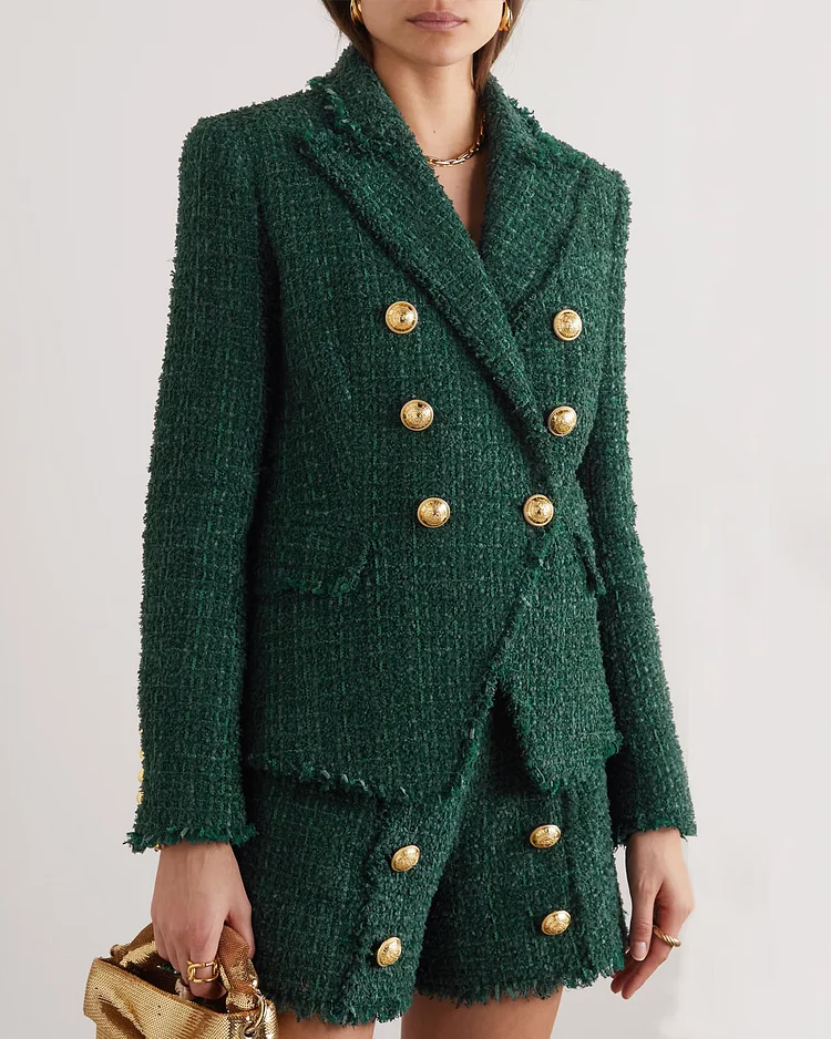 Double-Breasted Piped Bouclé-Tweed Jacket and Shorts Two-Piece Set