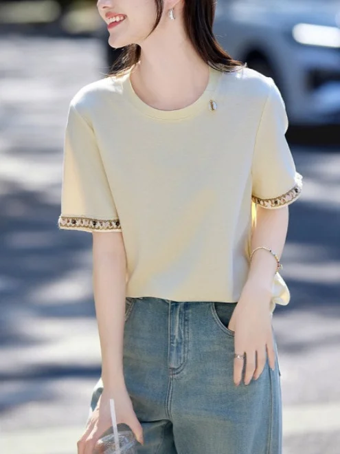 Athvotar Athvotar Cream-Colored Top 25 Years Of Summer New Commute Fashion Design Lace Splicing Loose T-Shirt Girl