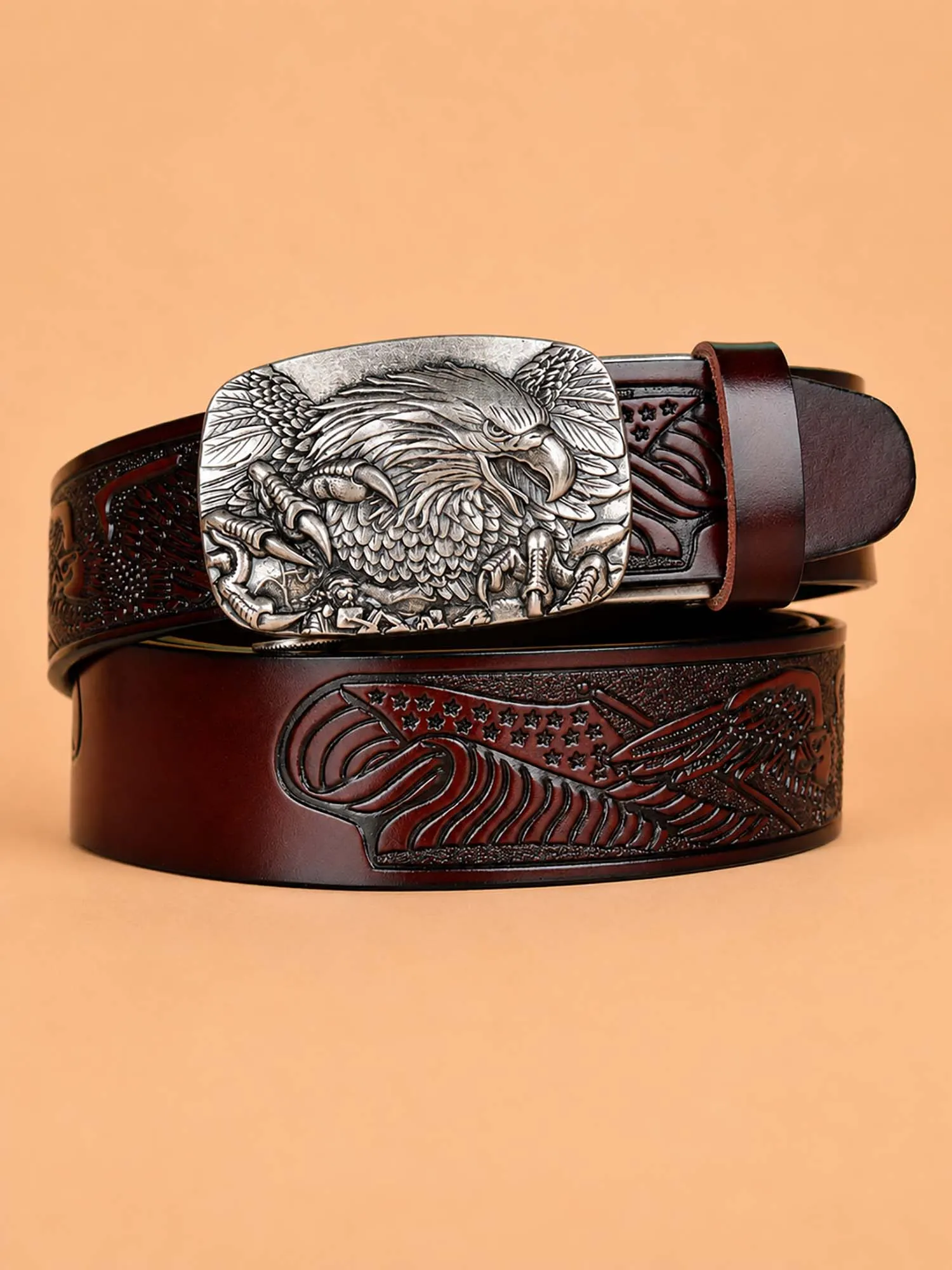 Western Eagle Embossed Genuine Leather Belt | Vintage Eagle Automatic Buckle Belt