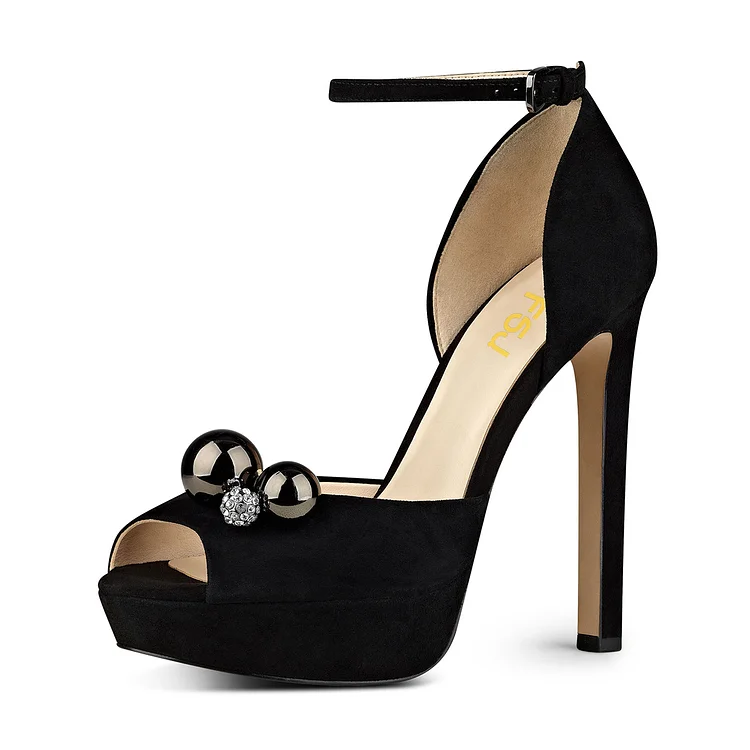 Black Ankle Strap Sandals Rhinestone Peep Toe Stiletto Heels Sandals |FSJ Shoes