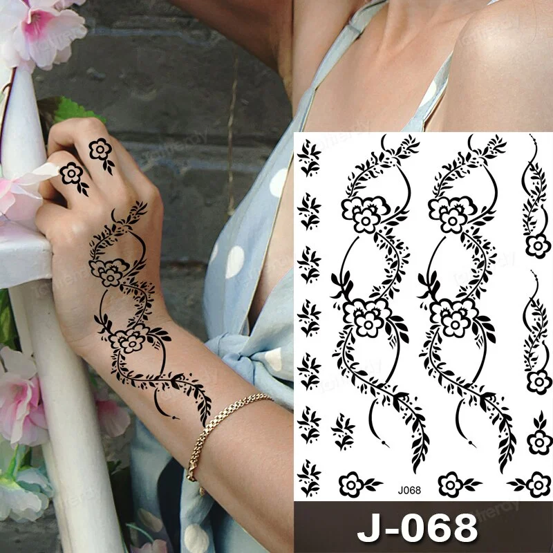Sdrawing Temporary Tattoo Sticker Henna Mehndi Totem Flash Tatto Butterfly Flower Hand Fingers Body Art Arm Fake Tatoo Women